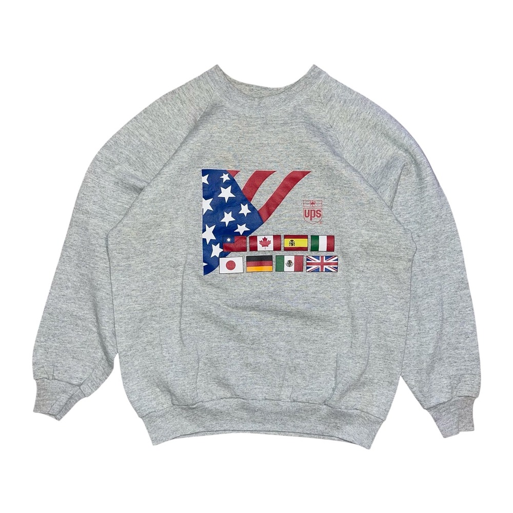 Vintage 80s 90s UPS International Flags Sweatshirt Gray Mens L USA Made FOTL